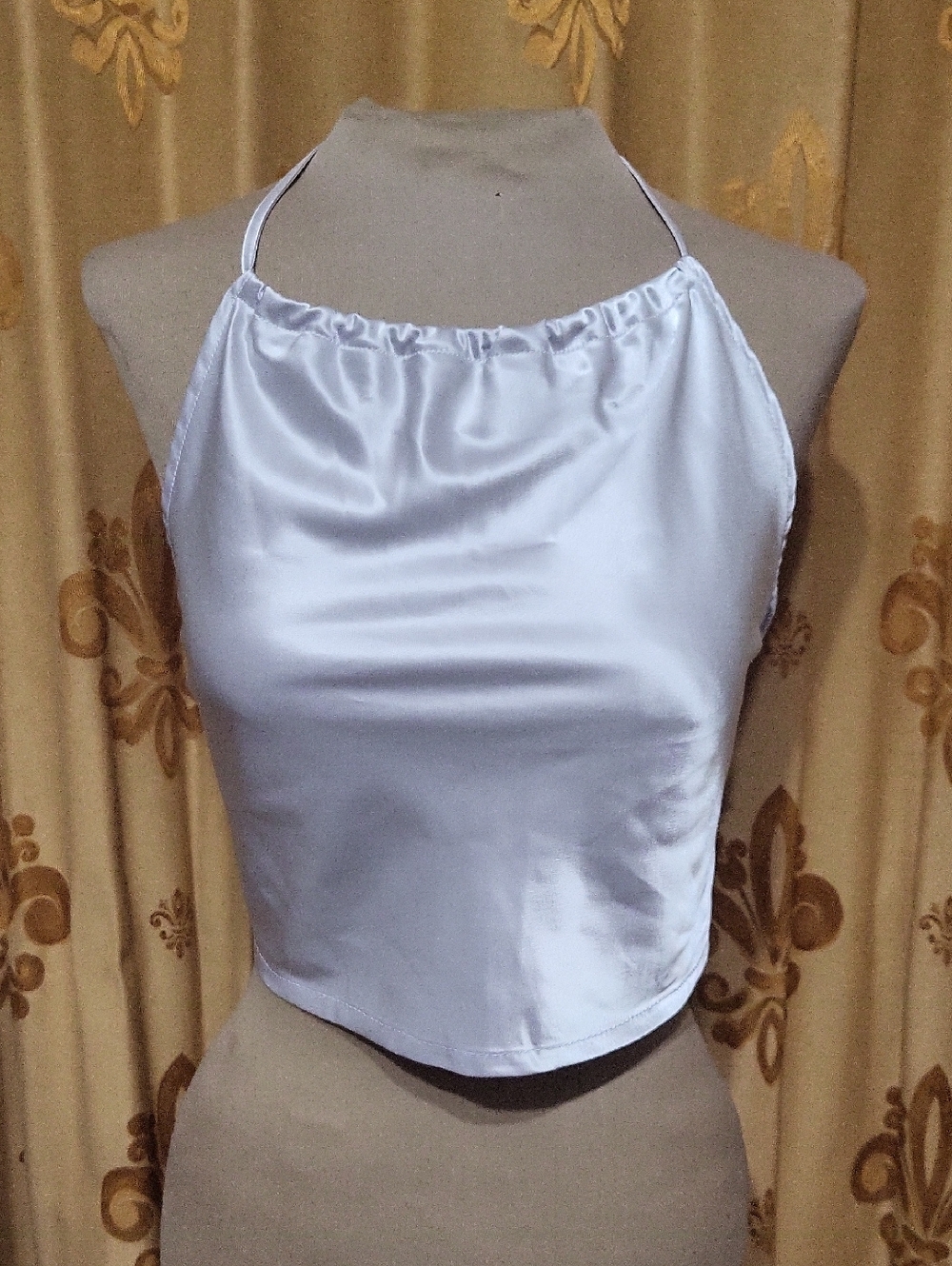 Grey Satin Cropped Halter Top